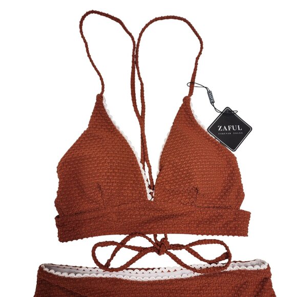 Zaful Rust Textured Bikini Set Lace Trim High-Waisted Bottoms Tie-Back Top Size - Picture 3 of 6